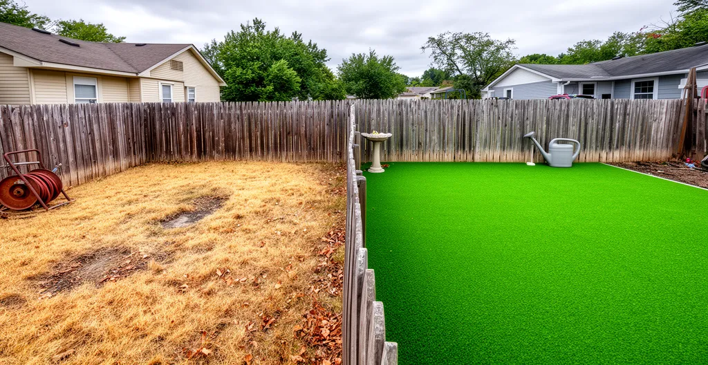 Vue côte à côte de deux jardins voisins en été : pelouse jaunie à gauche, gazon synthétique vert à droite