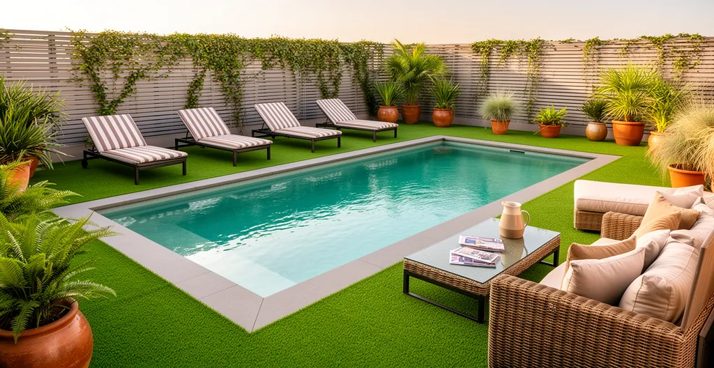 Espace détente aménagé avec transats sur gazon synthétique bordant une piscine