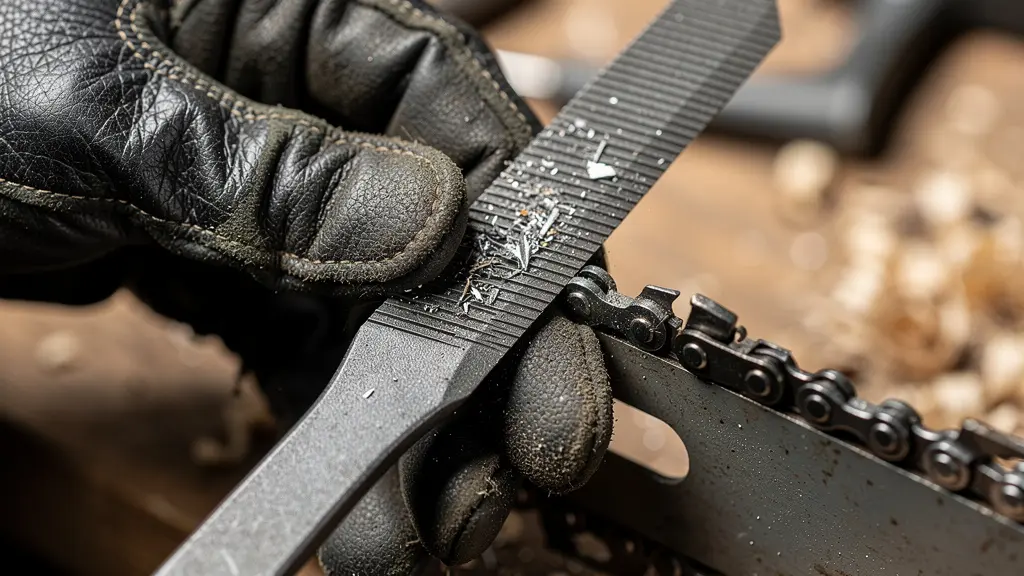 Gros plan sur l'affûtage manuel d'une chaîne de tronçonneuse avec une lime ronde