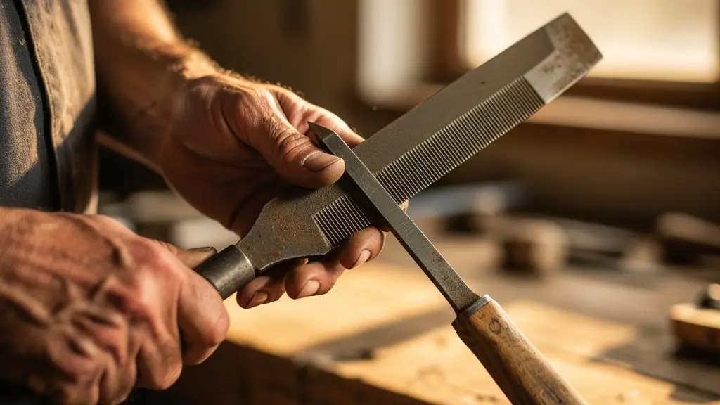 Vue rapprochée de l'affûtage d'une panne de serfouette avec une lime plate, angle de 30 degrés visible