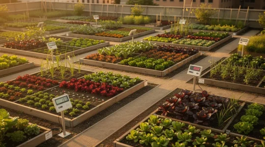 Vue aérienne d'un jardin potager urbain avec différentes zones de culture et outils d'analyse de sol