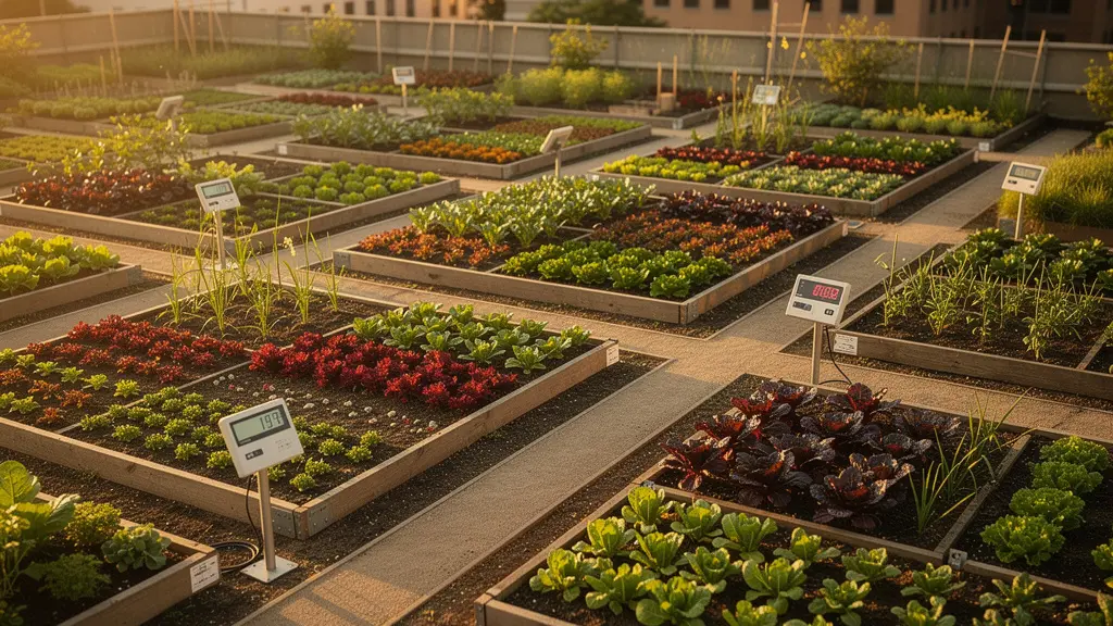 Vue aérienne d'un jardin potager urbain avec différentes zones de culture et outils d'analyse de sol