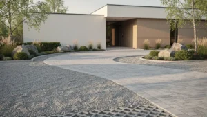 Vue en perspective d'une allée carrossable moderne menant à une maison avec des sections combinant graviers stabilisés et pavés