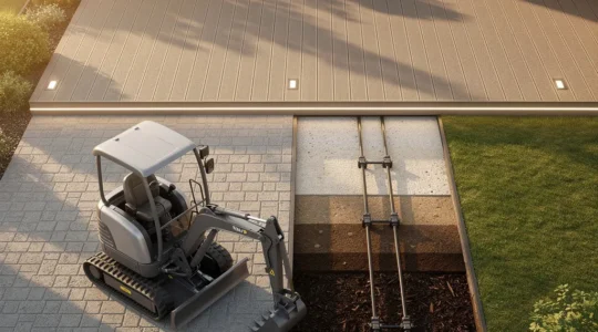 Vue d'ensemble d'un jardin moderne avec système d'éclairage intégré et terrasse composite