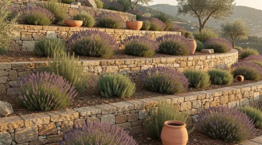 Vue panoramique d'un jardin en pente aménagé en terrasses avec murets de pierre naturelle et végétation méditerranéenne
