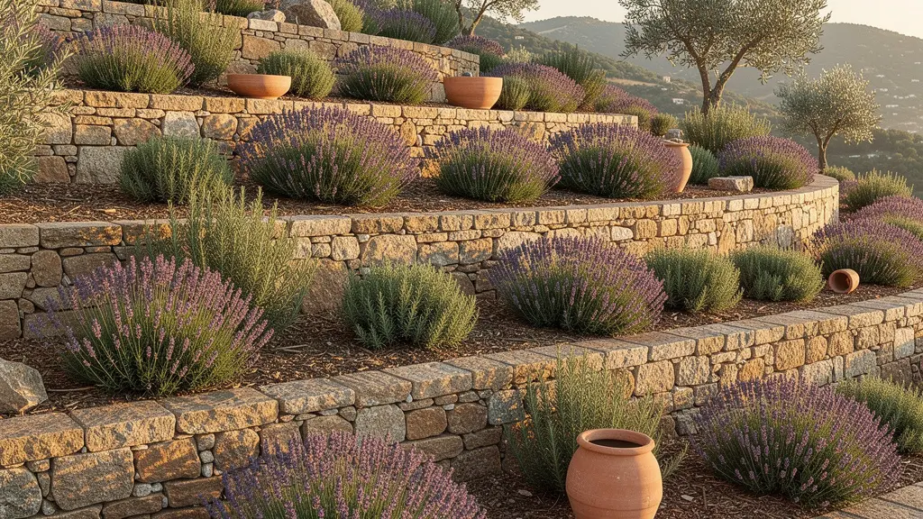 Vue panoramique d'un jardin en pente aménagé en terrasses avec murets de pierre naturelle et végétation méditerranéenne