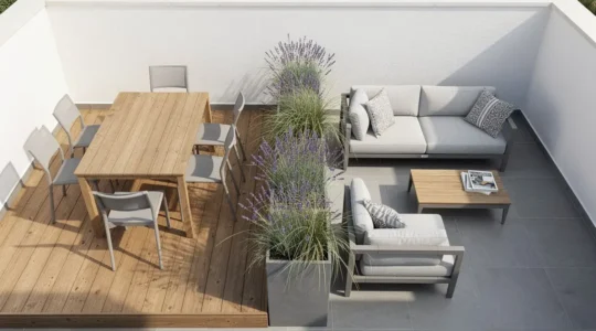 Vue aérienne d'une terrasse de 30m² avec zones repas et détente délimitées