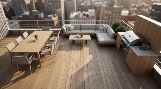 Vue aérienne d'une terrasse de 40m² aménagée avec plusieurs zones pour recevoir 20 personnes