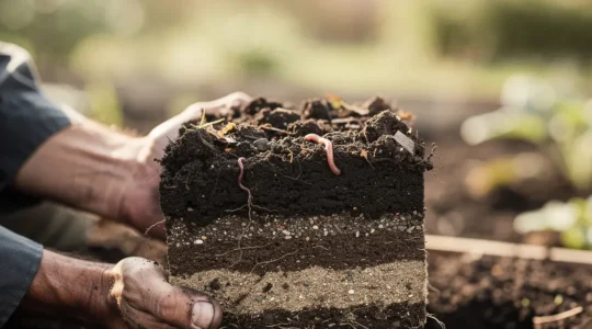 Analyse approfondie du sol par un jardinier examinant la structure de la terre et les racines