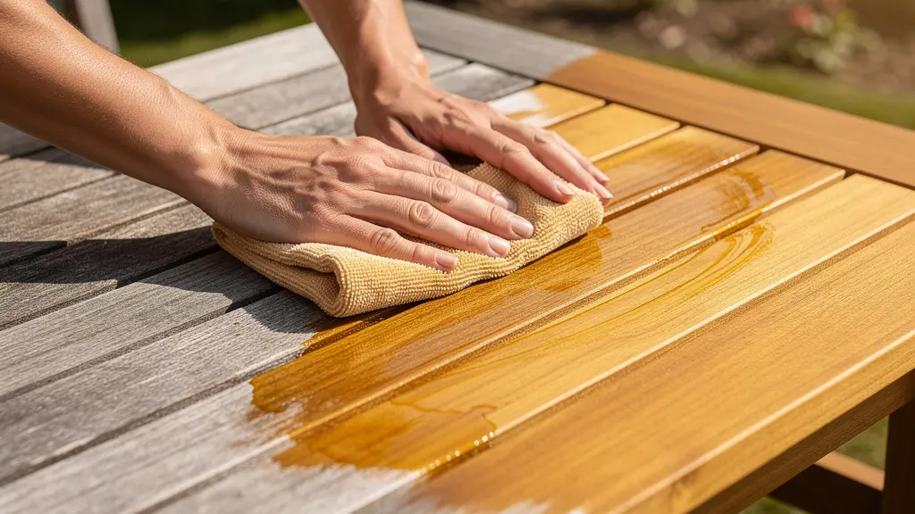 Application d'huile sur une surface de teck montrant l'absorption dans les fibres du bois