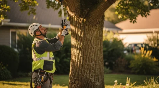 Arboriste expert évaluant un grand arbre avec des équipements professionnels dans un environnement résidentiel