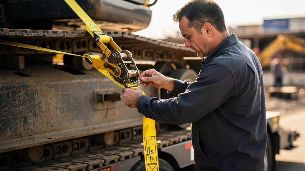 Vue d'ensemble d'une mini-pelle correctement arrimée sur une remorque de transport