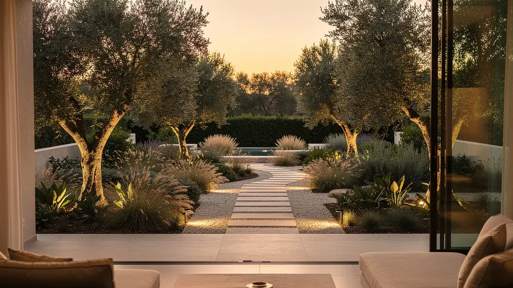 Grande baie vitrée coulissante entièrement ouverte donnant sur un jardin verdoyant, éclairage doux du soir