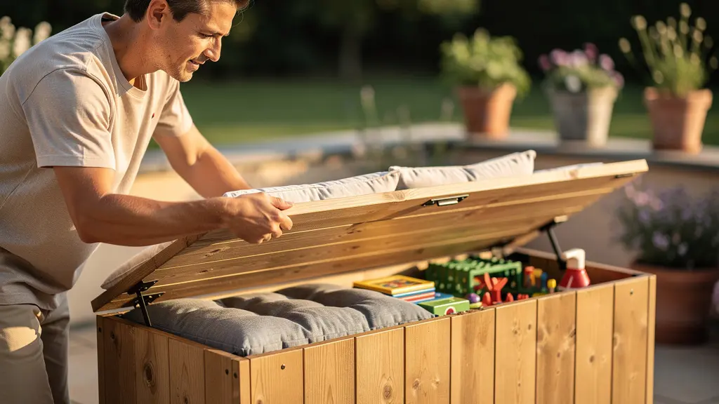 Bancs coffres en bois avec coussins colorés sur une terrasse, montrant l'espace de rangement ouvert