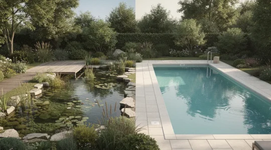 Comparaison visuelle entre un bassin de baignade naturel avec plantes aquatiques et une piscine traditionnelle chlorée dans un jardin