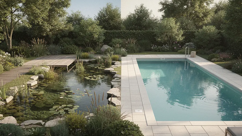 Comparaison visuelle entre un bassin de baignade naturel avec plantes aquatiques et une piscine traditionnelle chlorée dans un jardin