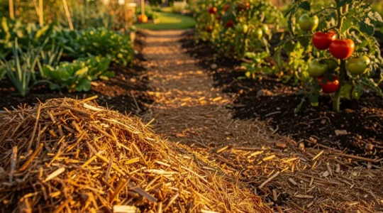 Broyat de branches transformé en paillage doré dans un jardin potager