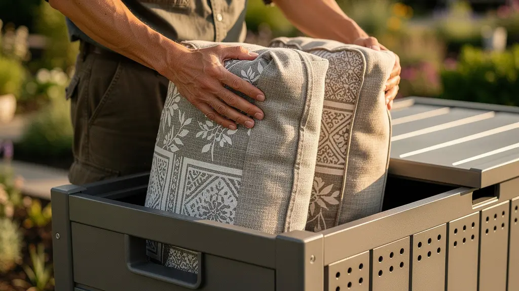 Coffre de jardin ouvert montrant des coussins rangés verticalement avec système de ventilation