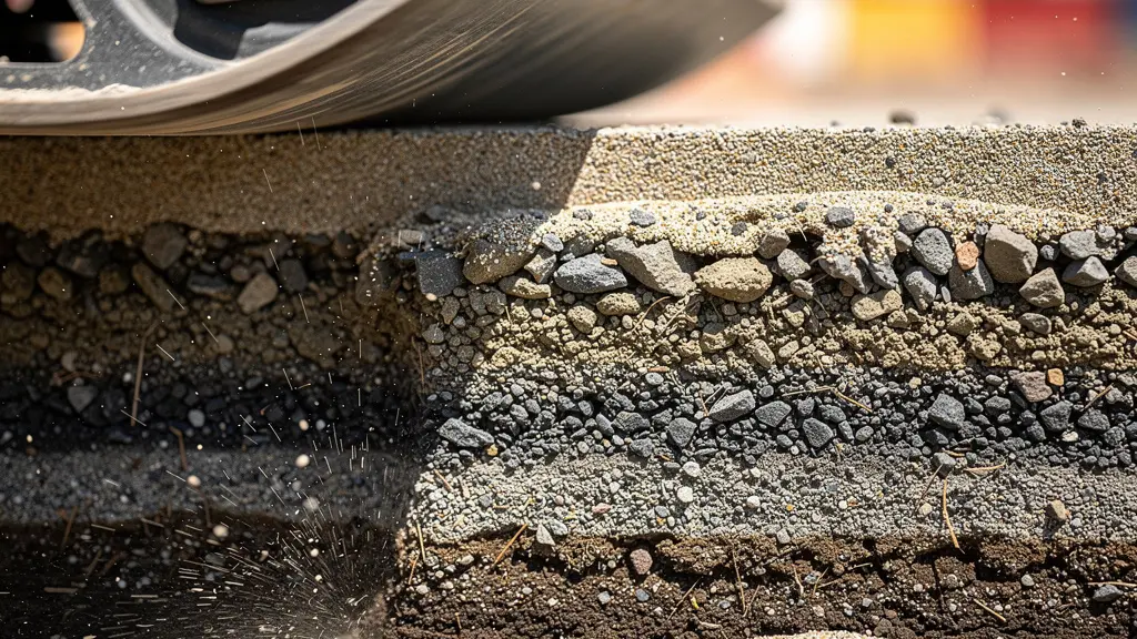 Gros plan sur une plaque vibrante compactant une couche de grave avec détail des matériaux et de la stratification