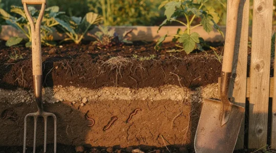 Vue comparative montrant une fourche-bêche et une bêche dans un sol vivant avec vers de terre visibles