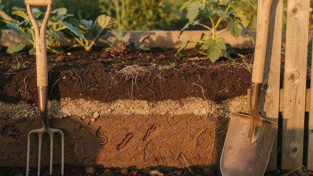 Vue comparative montrant une fourche-bêche et une bêche dans un sol vivant avec vers de terre visibles