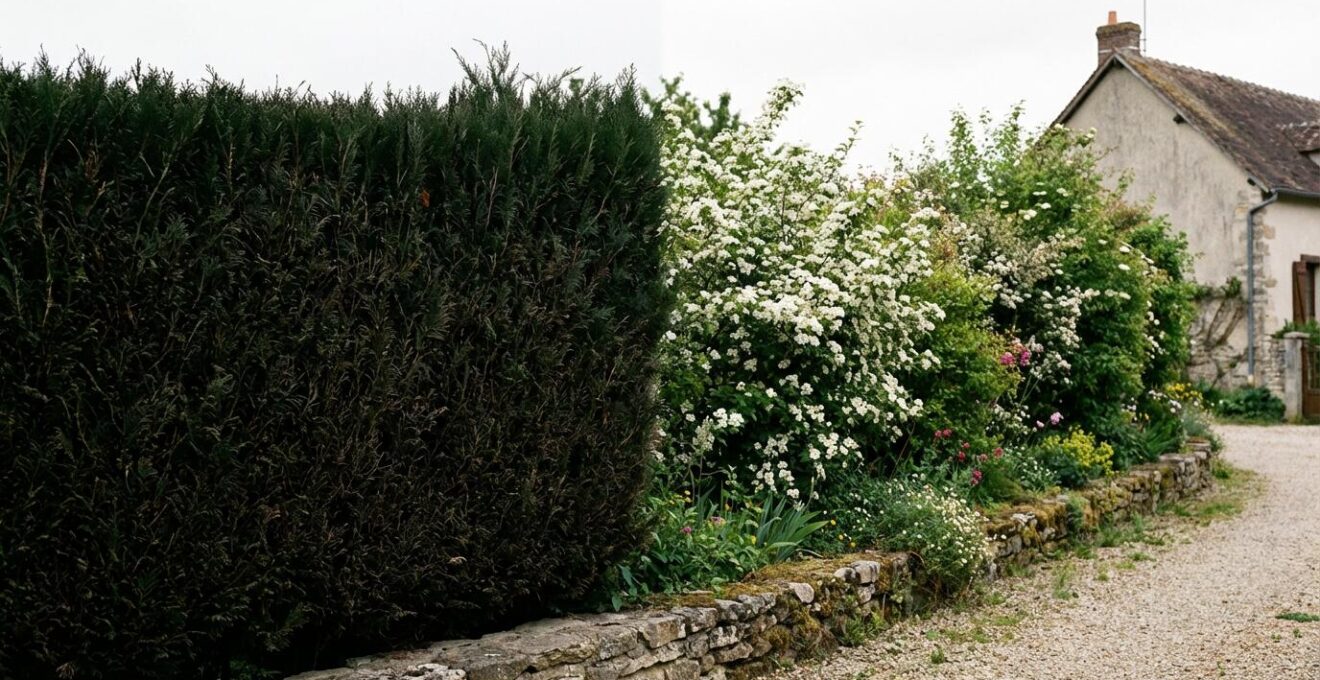 Comparaison visuelle haie thuyas sombre et haie champêtre fleurie biodiversité