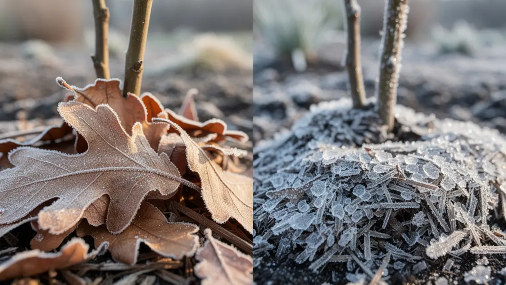 Comparaison visuelle entre paillage de feuilles entières et broyées autour d'une souche