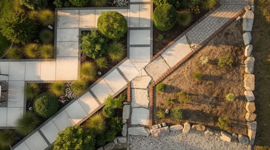 Vue aérienne d'un jardin divisé en deux parties montrant la différence entre aménagement professionnel et amateur