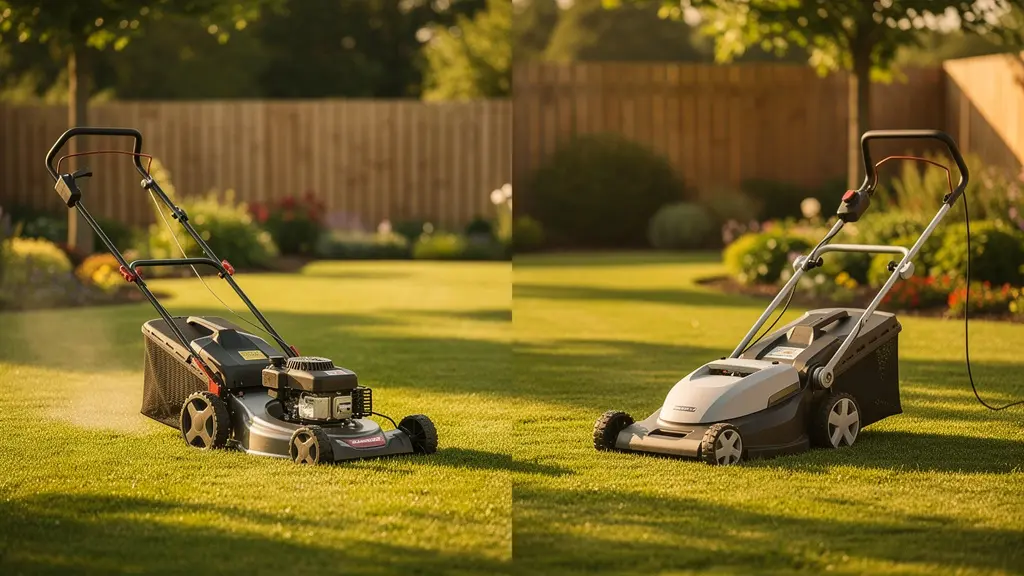 Comparaison visuelle entre une tondeuse thermique et électrique dans un jardin de taille moyenne