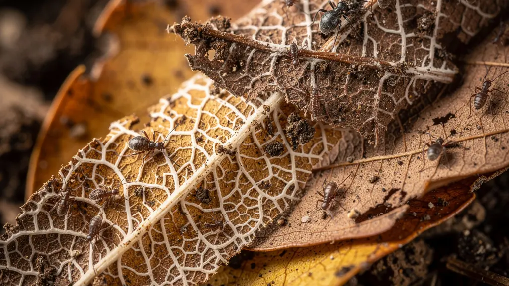 Vue macro détaillée de feuilles mortes en décomposition avec filaments mycéliens blancs visibles et micro-faune du sol