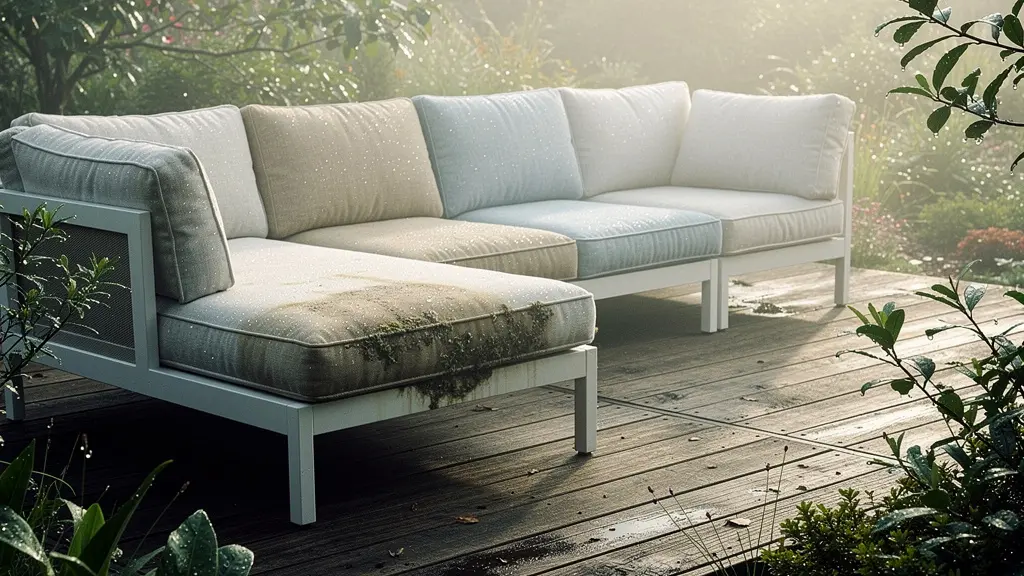 Coussins d'extérieur sur mobilier de jardin montrant des traces d'humidité et de moisissure