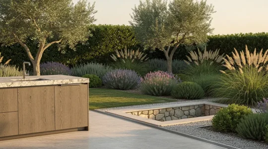 Cuisine d'été moderne avec système d'évacuation des eaux intégré dans un jardin luxuriant