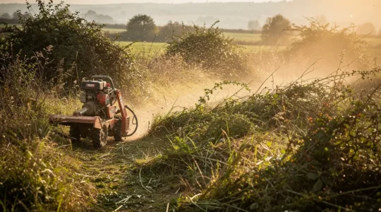 Débroussailleuse thermique en action sur un terrain en friche avec végétation dense