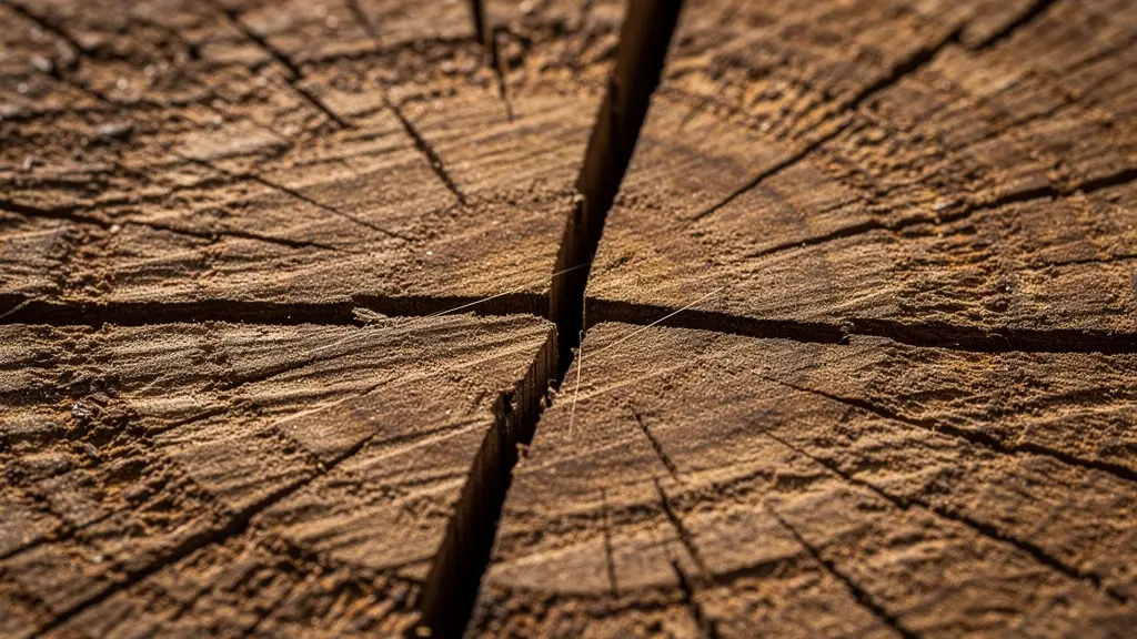 Vue macro d'une microfissure sur un manche de pioche en bois
