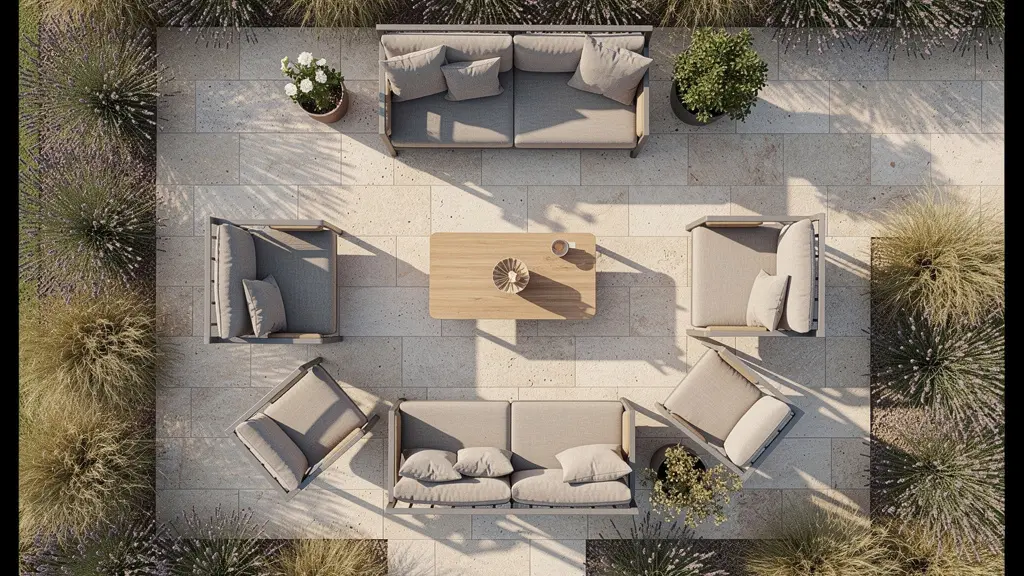 Vue aérienne d'une terrasse montrant la disposition optimale du mobilier pour la circulation et la conversation
