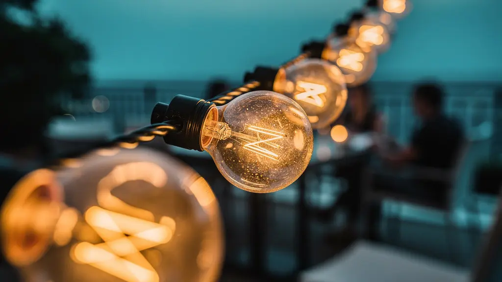 Terrasse au crépuscule avec éclairage en trois couches créant une ambiance chaleureuse