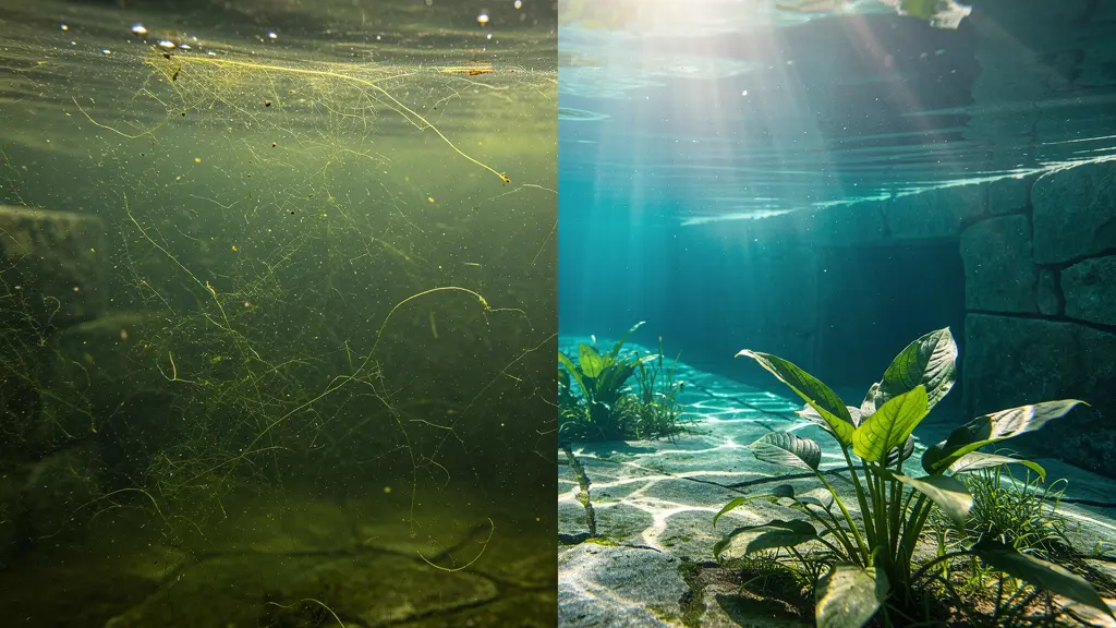 Comparaison entre un bassin mal conçu avec algues et un bassin équilibré
