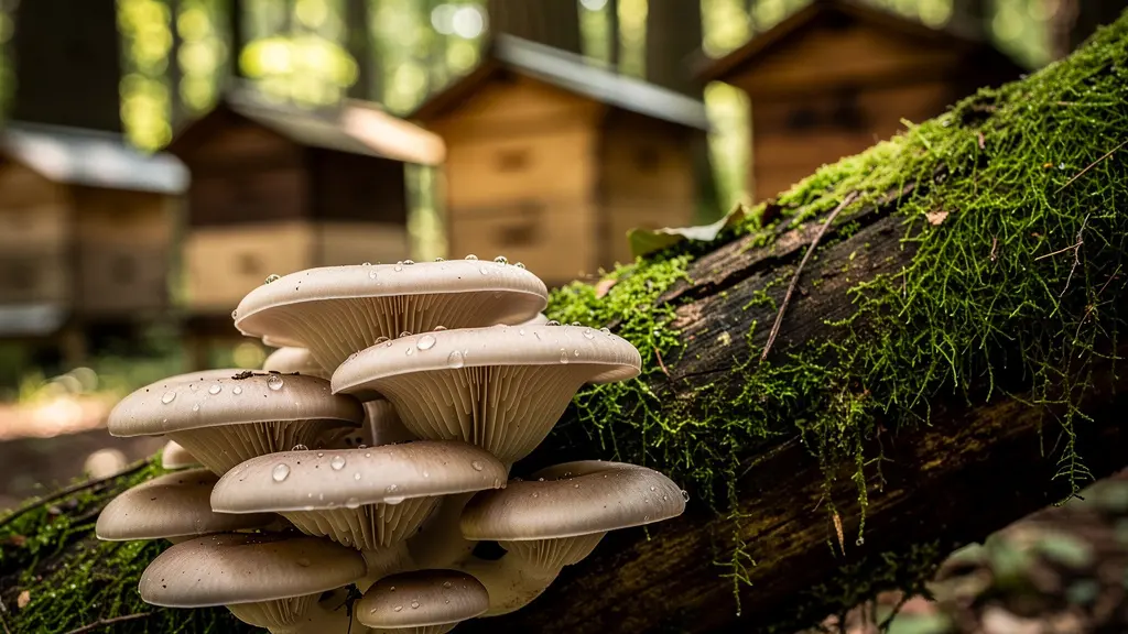 Vue macro de champignons poussant sur un tronc d'arbre avec ruches visibles en arrière-plan flou