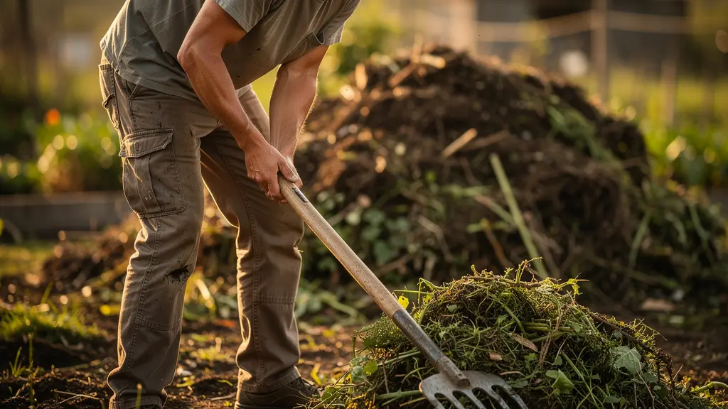 Jardinier utilisant une fourche cantonnière pour déplacer des déchets verts dans un jardin