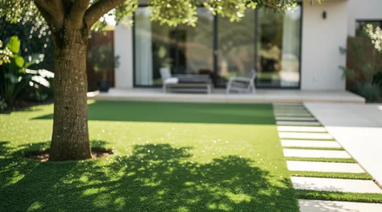 Jardin ombragé avec gazon synthétique luxuriant sous de grands arbres