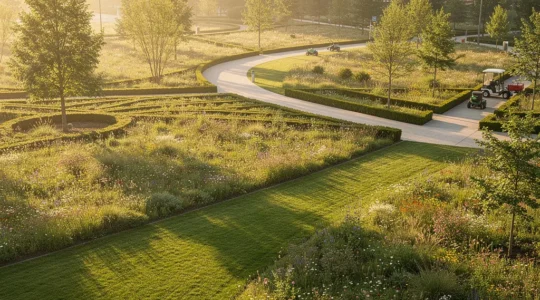 Vue aérienne d'un parc urbain avec zones de gestion différenciée allant des pelouses entretenues aux prairies fleuries naturelles