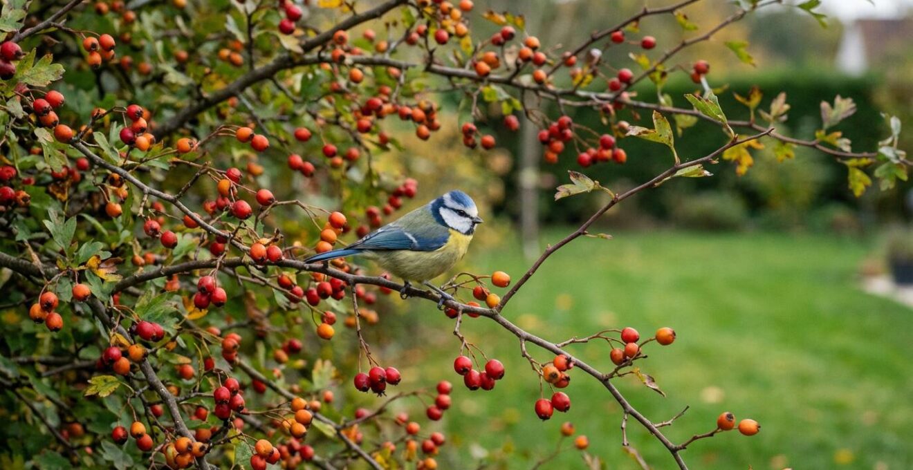 Haie champêtre biodiversité avec mésange sur branche d'aubépine en automne