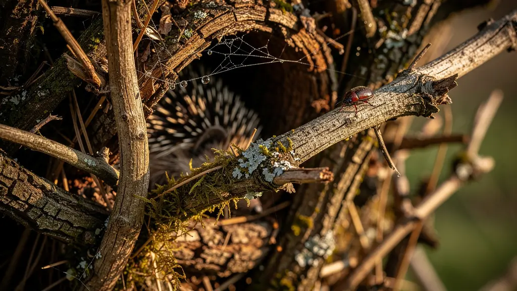 Gros plan sur une haie sèche avec branches entrelacées abritant insectes et petits mammifères