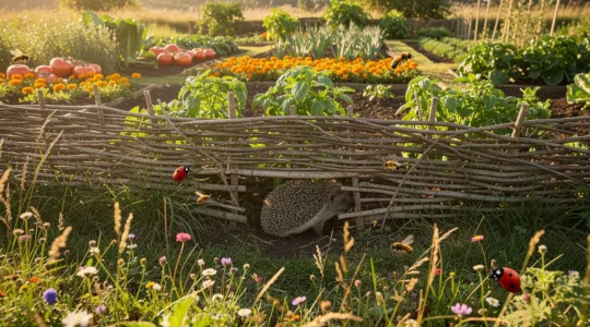 Vue d'ensemble d'un jardin naturel luxuriant avec prairie fleurie, haie sèche et auxiliaires visibles comme un hérisson et des coccinelles