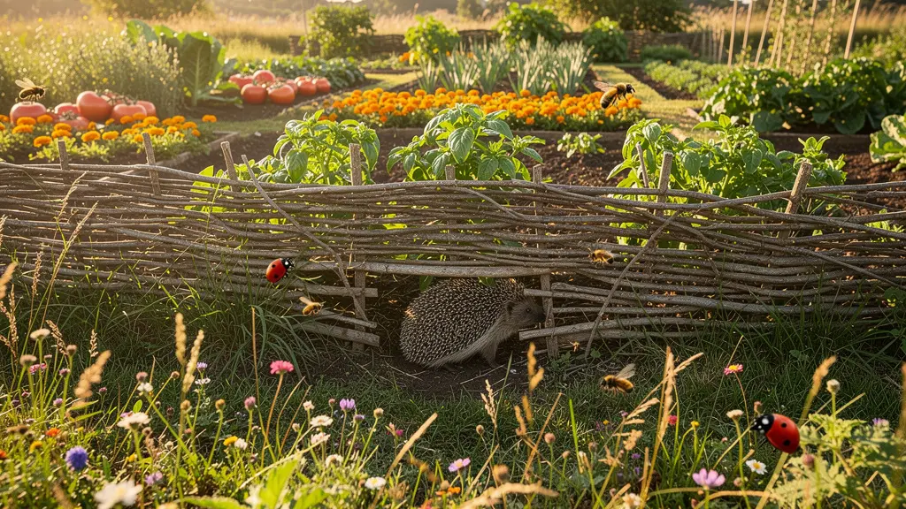 Vue d'ensemble d'un jardin naturel luxuriant avec prairie fleurie, haie sèche et auxiliaires visibles comme un hérisson et des coccinelles
