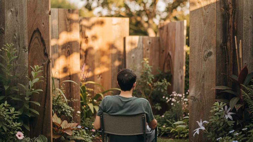 Aménagement de jardin avec des panneaux en bois en quinconce créant une chicane visuelle et préservant l'intimité sans enfermer.