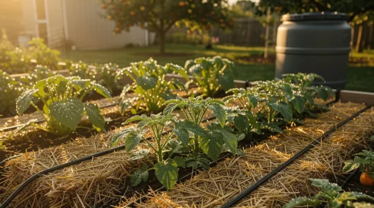 Système d'arrosage goutte-à-goutte dans un jardin ensoleillé avec paillage végétal et récupérateur d'eau