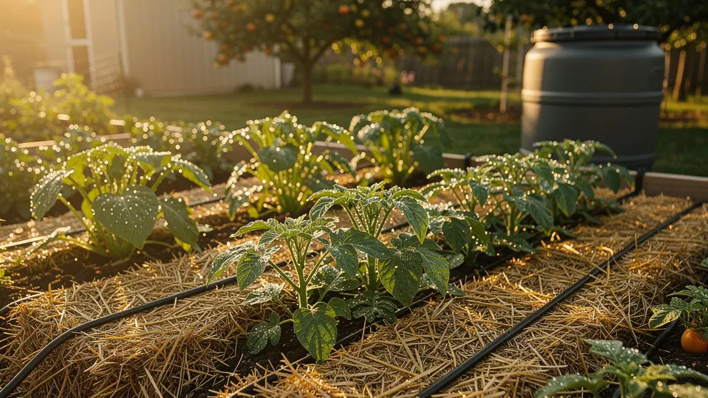 Système d'arrosage goutte-à-goutte dans un jardin ensoleillé avec paillage végétal et récupérateur d'eau