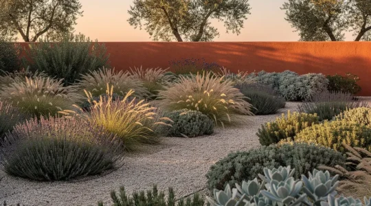 Vue d'un jardin résilient avec des plantes méditerranéennes résistantes à la sécheresse sous un ciel d'été