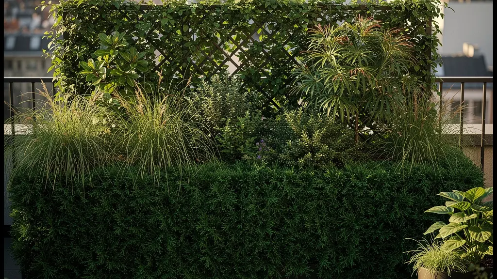 Vue en perspective d'une terrasse urbaine avec mur végétal dense filtrant les sons de la rue